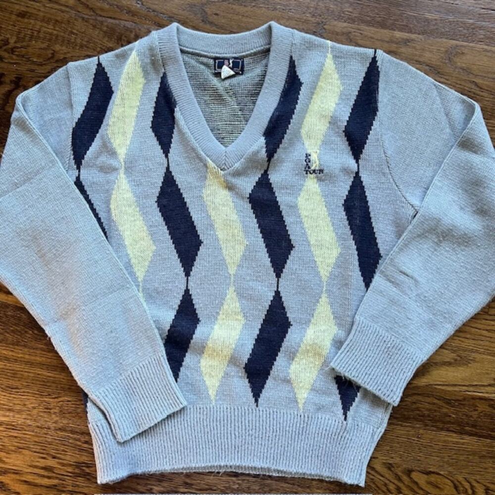 VTG 90s PGA Tour Spell Out Sweater Mens L Geometric Golf USA Gray Navy Blue